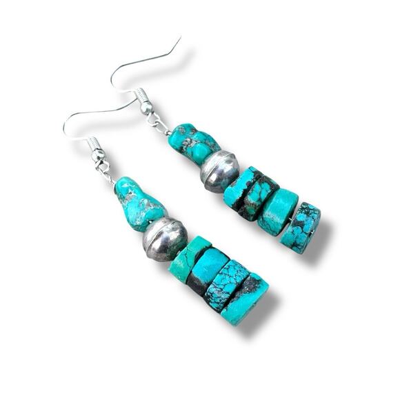 Turquoise Sterling Silver Bench Bead Nugget Stack Southwest 925 Dangle Earrings - Picture 2 of 5